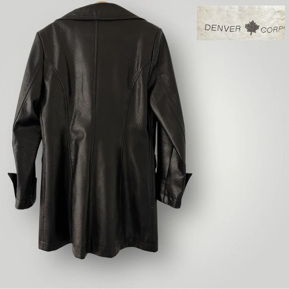 DENVER Corp. Vintage Faux Leather Double-breasted Trench Coat - Picture 5 of 10